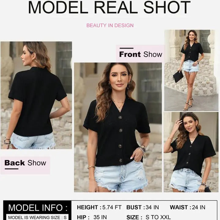 Dokotoo Womens Summer Tops 2024 Waffle Knit Button Down Shirts Casual V Neck Short Sleeve Shacket Jacket Dressy Blouses X-Large Black