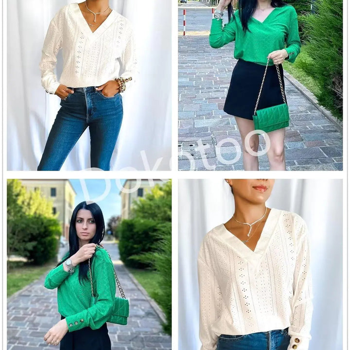 Dokotoo Women's Tops Dressy Casual V Neck Long Sleeve Buttons Hollow Out Lace Embroidered Blouses Shirts Small Camel