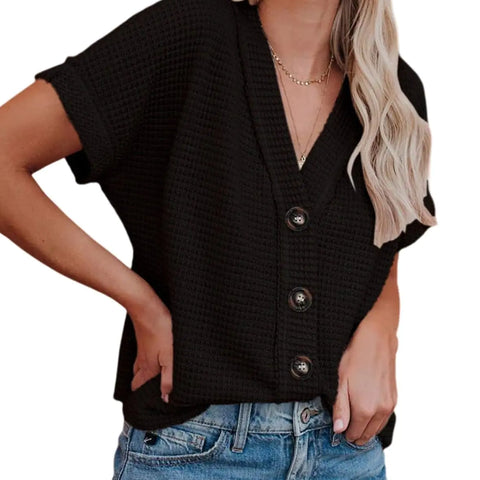 Dokotoo Womens Summer Tops 2024 Waffle Knit Button Down Shirts Casual V Neck Short Sleeve Shacket Jacket Dressy Blouses X-Large Black
