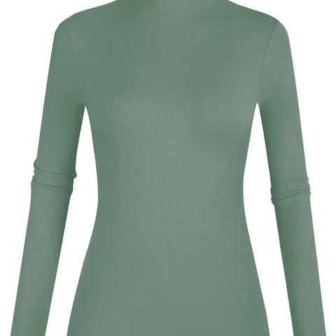 POPZONE Women's Lettuce Trim Mock Neck Long Sleeve Slim Fit Ribbed Knit Tee Shirt Tops Medium Grey Green-22