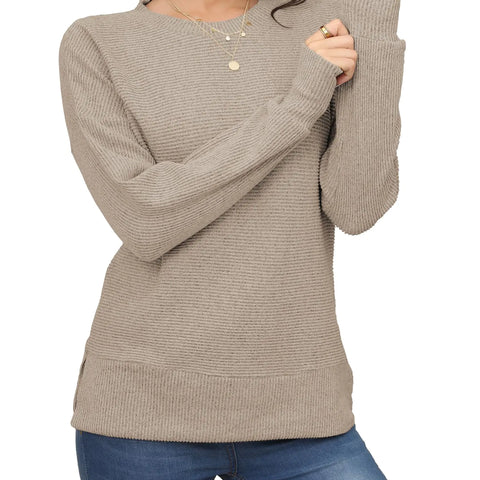 Womens Sweaters Casual Pullover Sweatshirt Side Fork Thumb Hole Fall Long Sleeve Striped Shirts Tops Apricot XX-Large