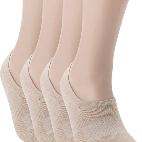 Pro Mountain No Show Socks For Women Men Cotton Cushion Footies Liner S M L XL X-Large Beige 4 Pairs