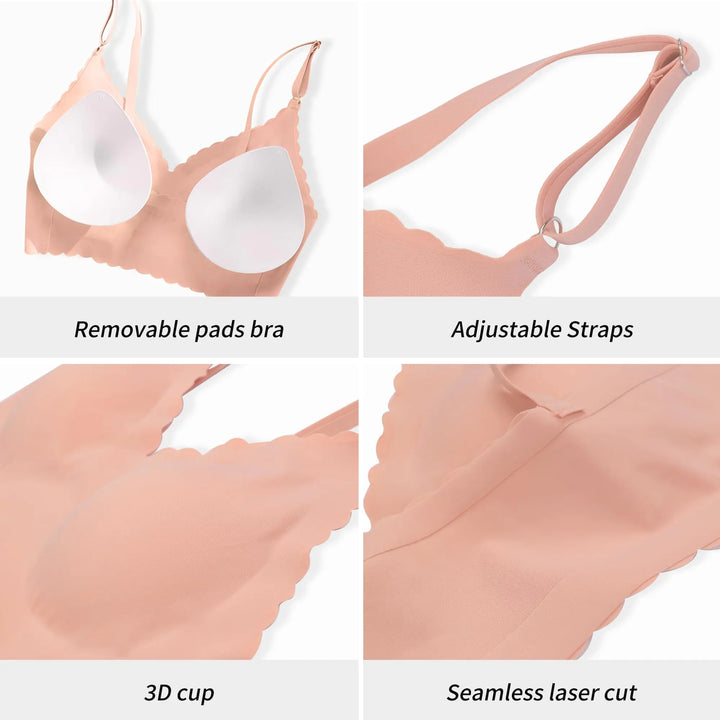 DEANGELMON V Neck Bra Padded Seamless Adjustable Straps Bralettes Everyday Basic Sleeping Bras Multiple Pack Black,soft Peach,apricot Small
