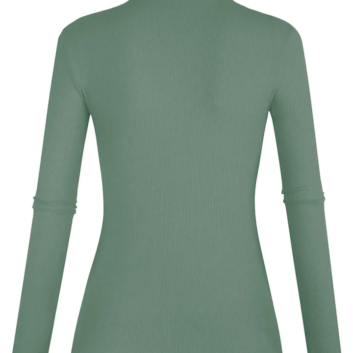 POPZONE Women's Lettuce Trim Mock Neck Long Sleeve Slim Fit Ribbed Knit Tee Shirt Tops Medium Grey Green-22